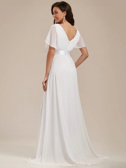 Flutter sleeve white chiffon wedding dress wide