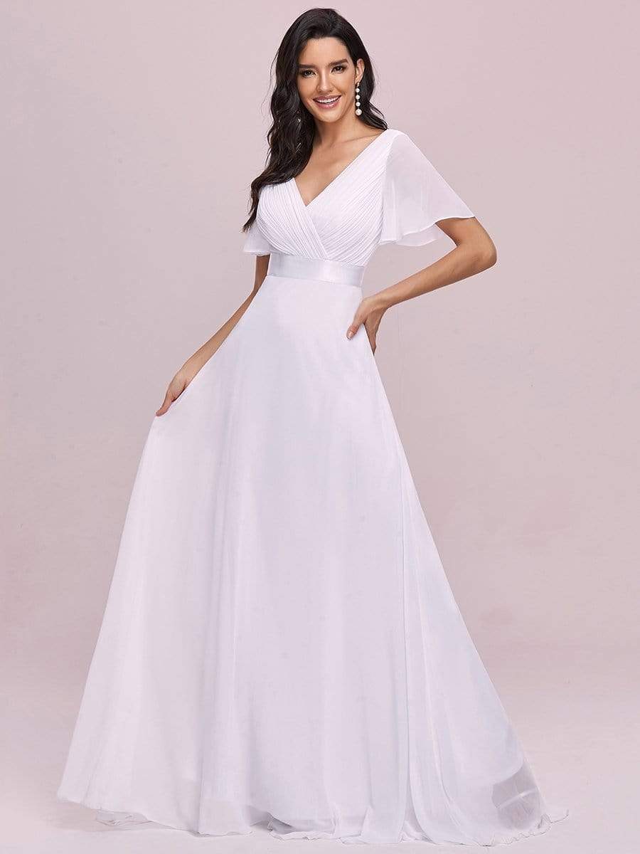 Flutter sleeve white chiffon wedding dress wide