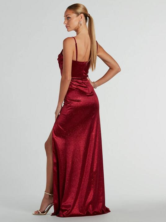 Burgundy thin strap saprkly ball dress Wide