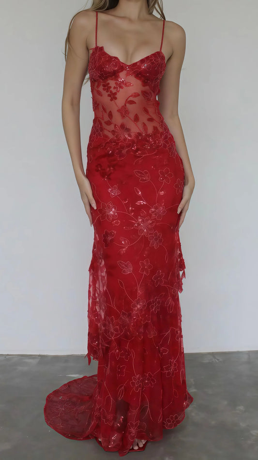 Sexy Red Lace Sequin Long Evening Prom Dress