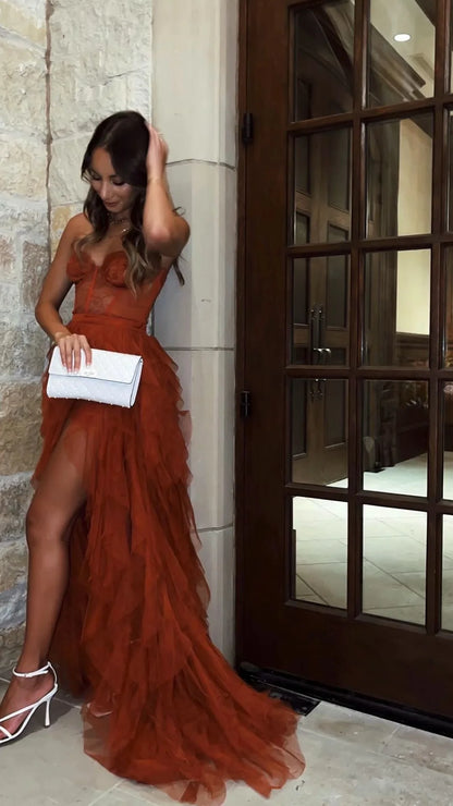 Rust Red Sweetheart High Low Tiered Formal Dress Tulle Long Evening Prom Dresses