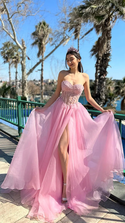 Pink Applique Evening Prom Dresses A-Line Slit Formal Gown