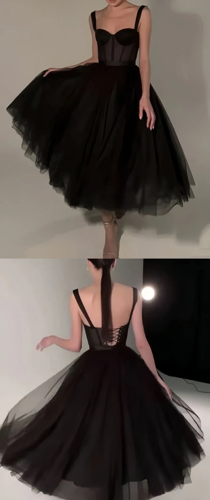 Black Midi Dress Tulle Prom Dress Black Formal Dresses A-line Evening Dresses
