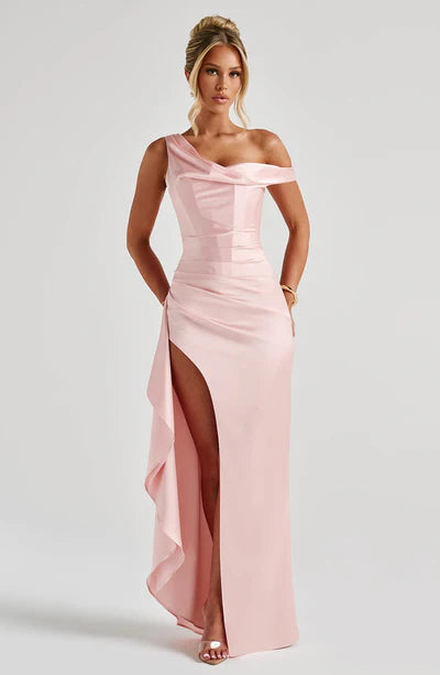 Lightweight Satin Maxi Dress Asymmetric Draped Neckline Ruched Waist Thigh-High Slit Bodice