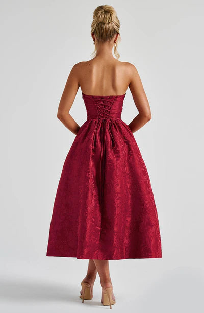 Floral Jacquard Pleated Bodice Midi Ball Gown
