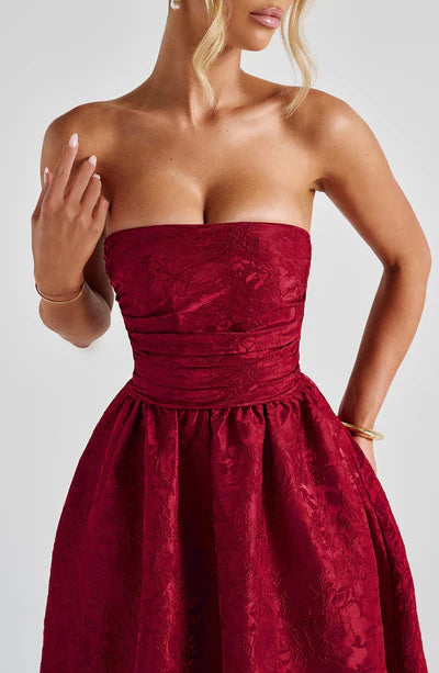 Floral Jacquard Pleated Bodice Midi Ball Gown