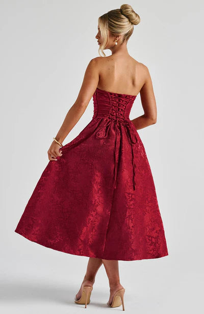 Floral Jacquard Pleated Bodice Midi Ball Gown