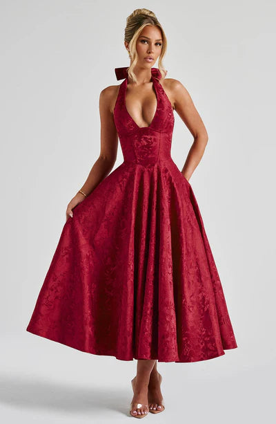Tulle plunging halterneck and tie-back floral jacquard midi ball gown