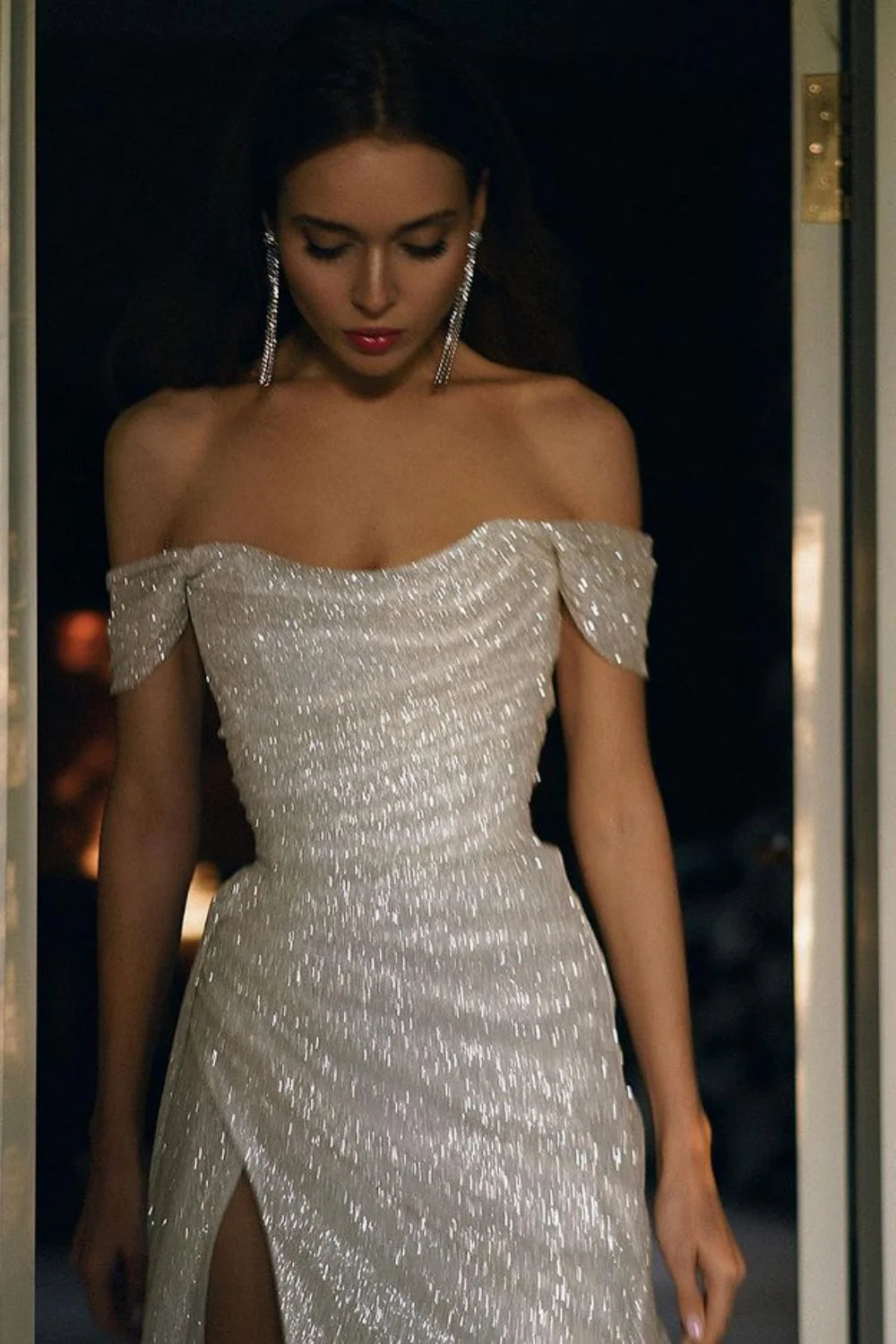 Sequins/Sparkling Mermaid Off the Shoulder Silver Sequins Long Prom Dress with Split Front