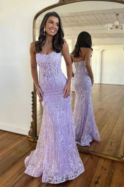 Cute Mermaid Strapless Lavender Sequins Lace Prom Dresses