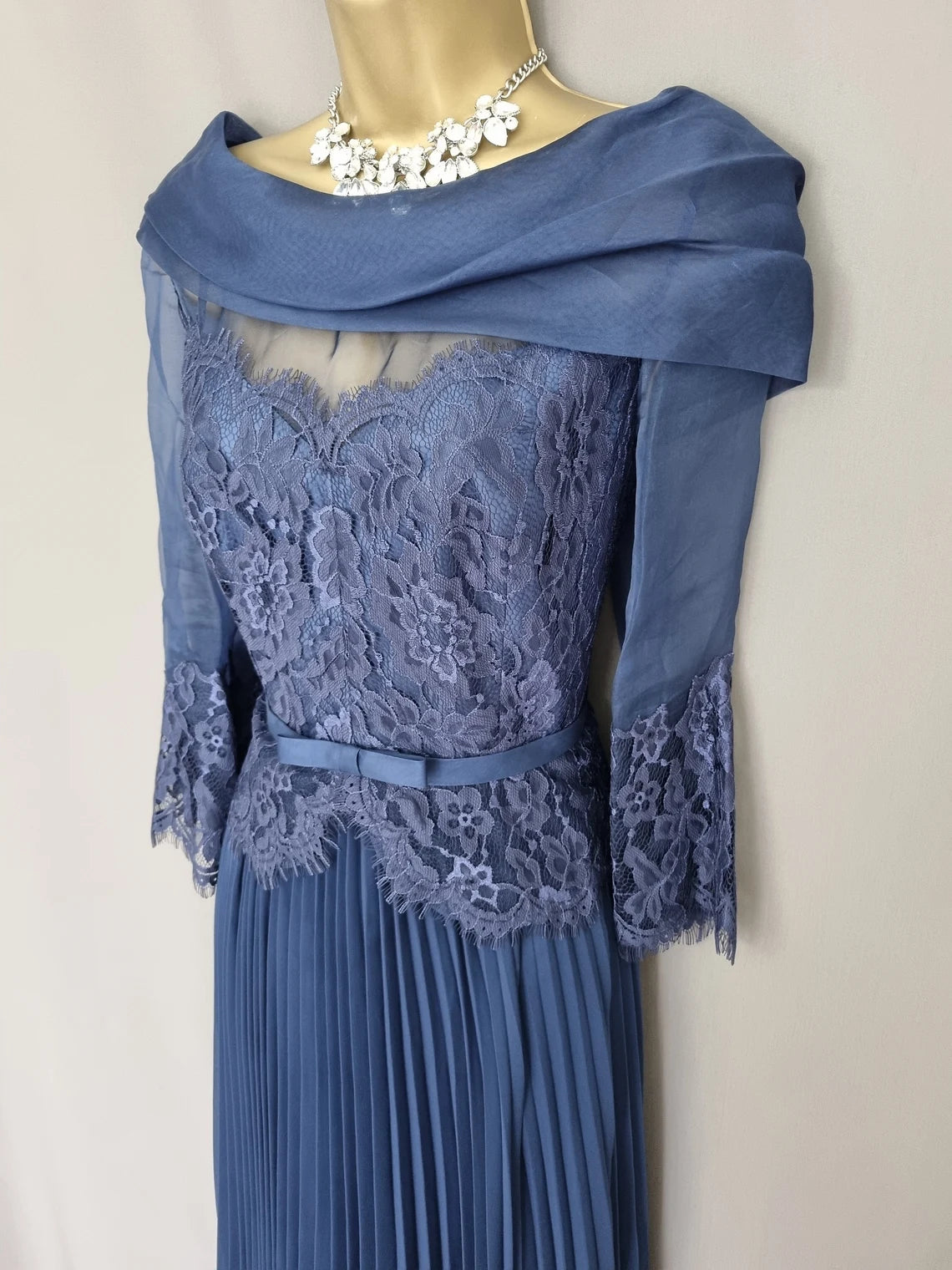 Navy A-Line Embellished LaceTea length Pleated Mother of the Bride Dresse