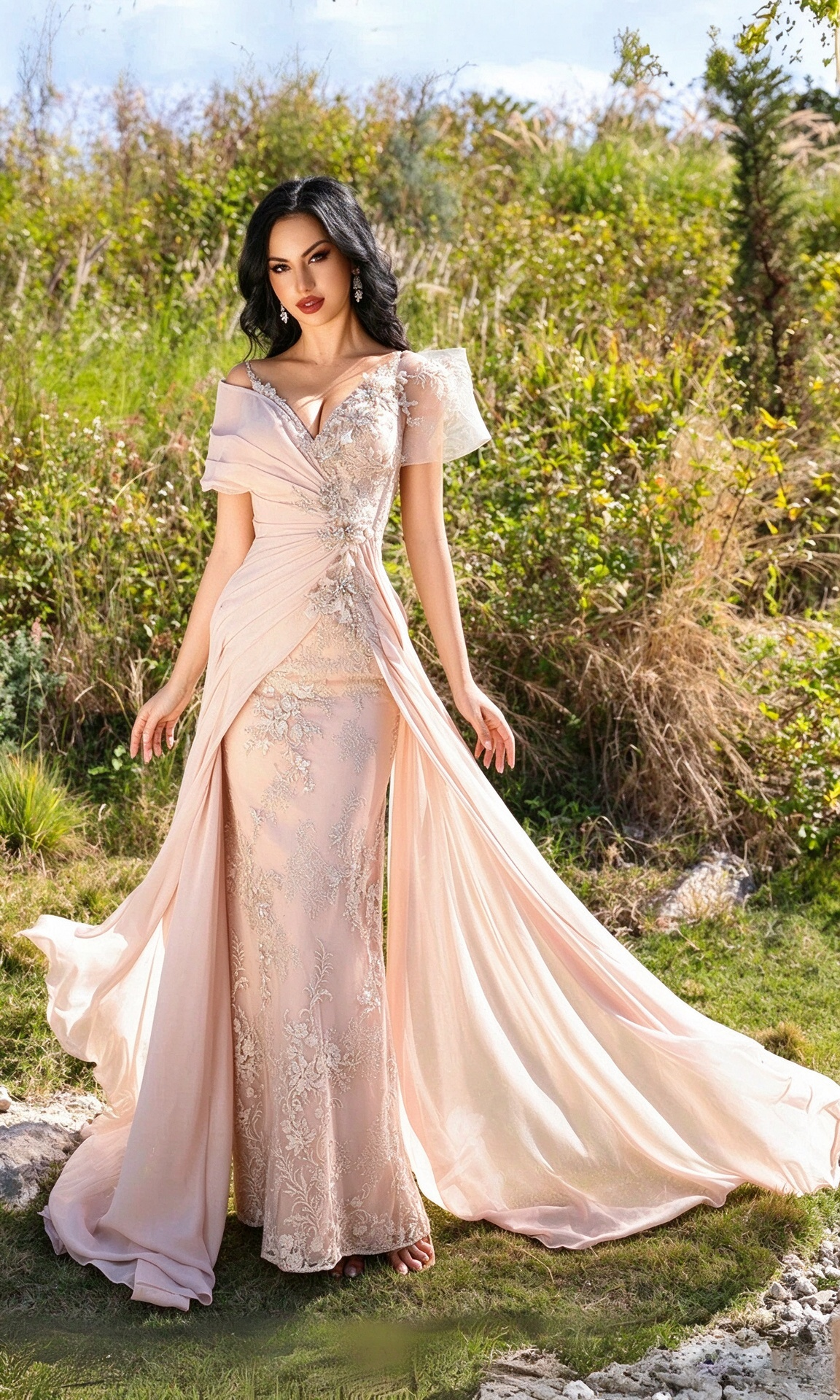 Elegant A-Line Off-Shoulder Beaded Draped Champagne Gold Floor-Length Mother of the Bride Gown