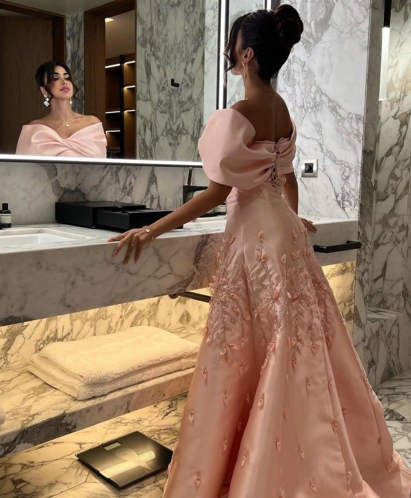 Blush Pink Floral Prom Dresses Off The Shoulder Applique Prom Dress 2025