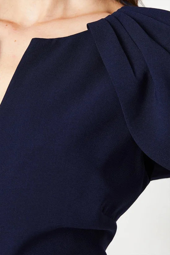 Dark-Navy A-Line Crepe Cape Sleeve Notch Neck Midi Dress Wedding Guest Dresses