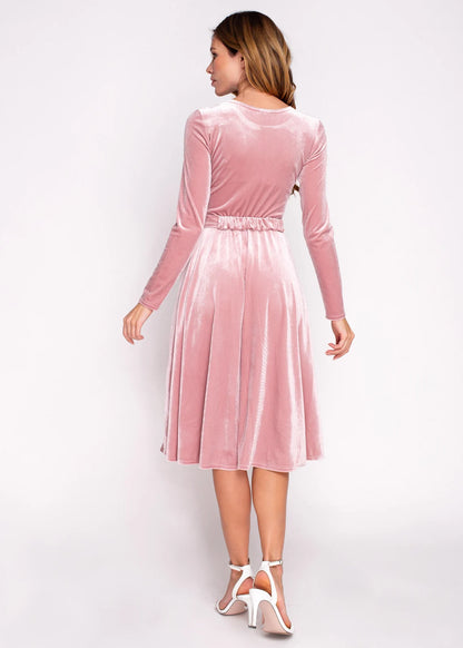 Mauve Velvet With Belt Long Sleeves Winter Christmas Velvet Evening Dress Bridesmaid Dress Wedding Guest Dress