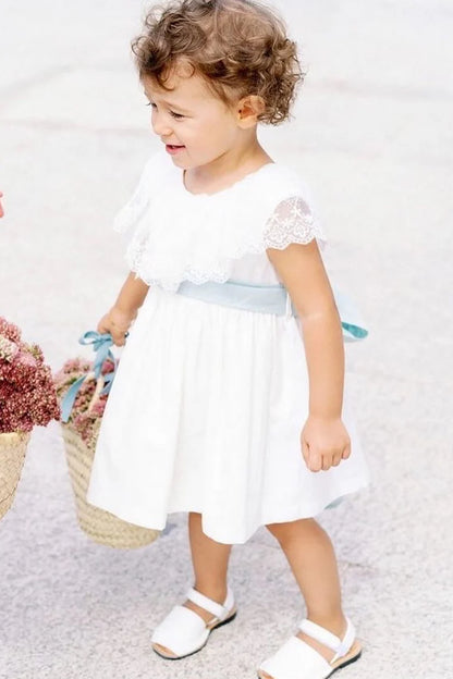 White Lace Cape Flower Girl Dress with Blue Band