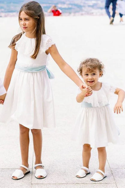 White Lace Cape Flower Girl Dress with Blue Band