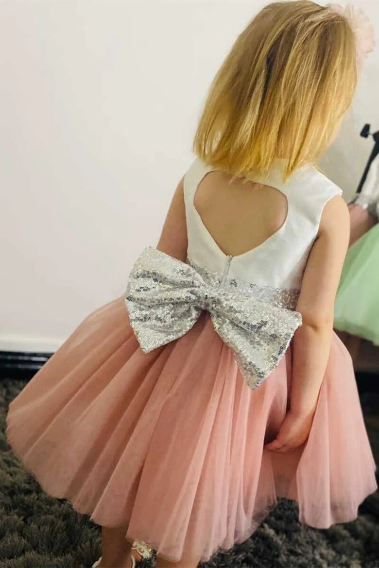 White and Dusty Pink Backless A-Line Flower Girl Dress