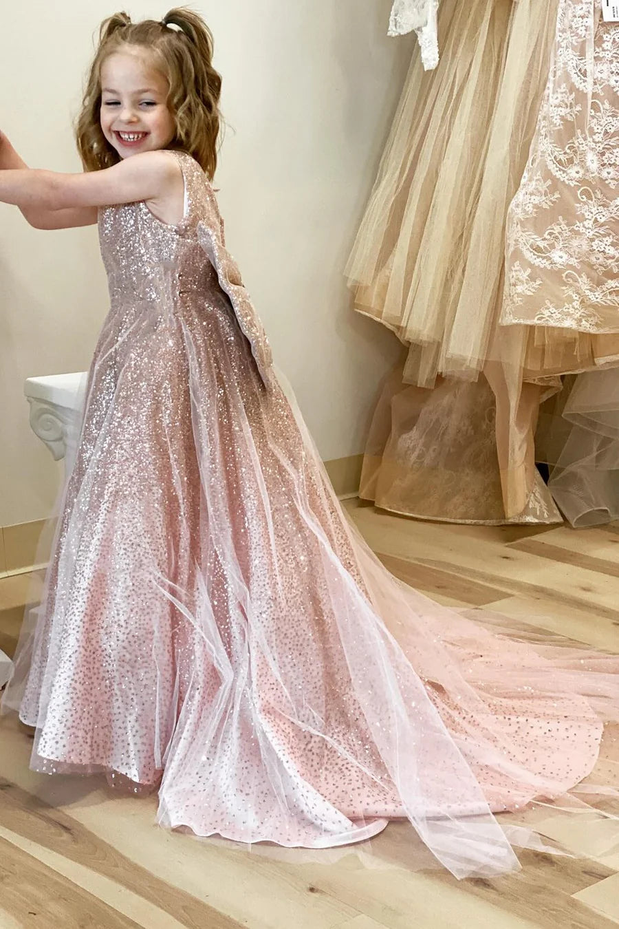 Glitter Rose Gold Bow Back Long Flower Girl Dress