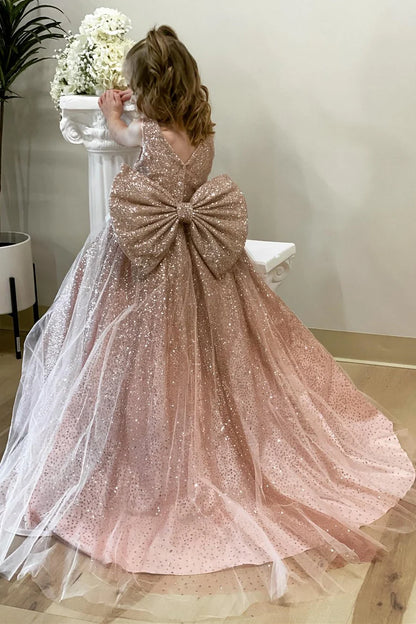 Glitter Rose Gold Bow Back Long Flower Girl Dress