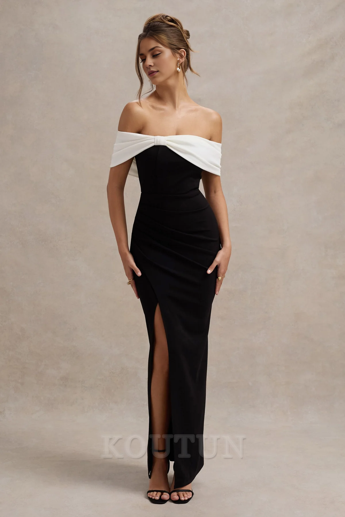 Black & White Bardot Bow Detail Maxi Dress With Thigh Split