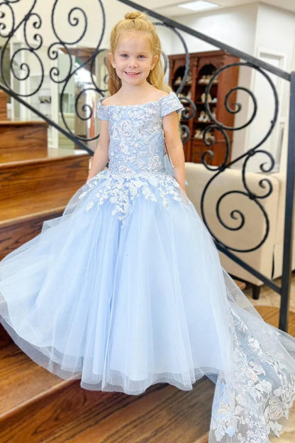 Light Blue Off-the-Shoulder Appliques Girl Birthday Dress with Attached Train