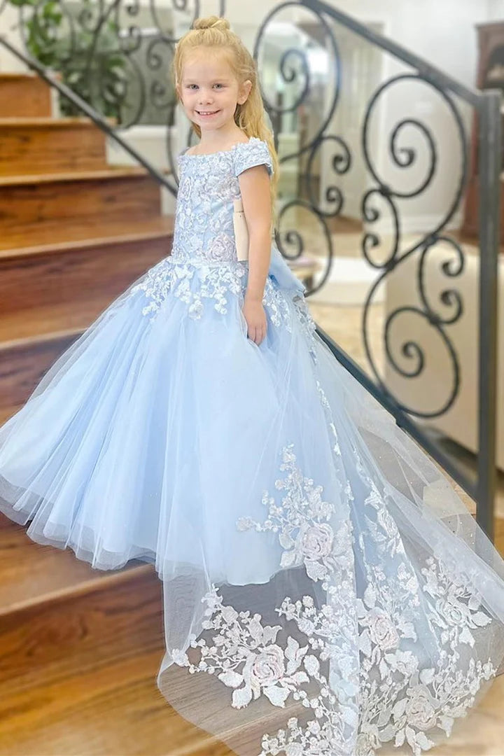 Light Blue Off-the-Shoulder Appliques Girl Birthday Dress with Attached Train
