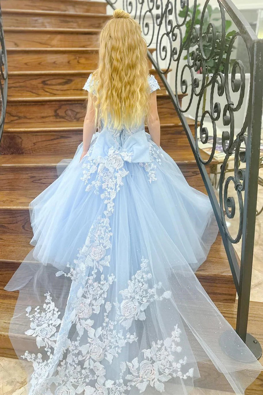 Light Blue Off-the-Shoulder Appliques Girl Birthday Dress with Attached Train