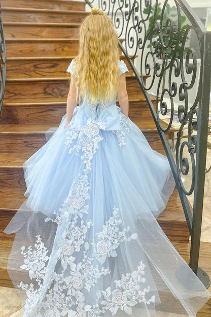Light Blue Off-the-Shoulder Appliques Girl Birthday Dress with Attached Train