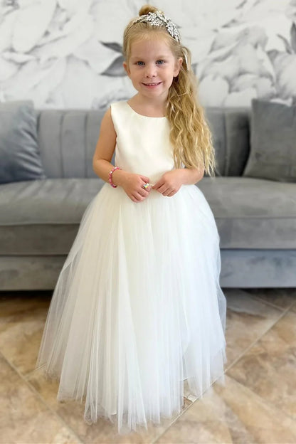 White Tulle Round Neck Bow-Back Flower Girl Dress