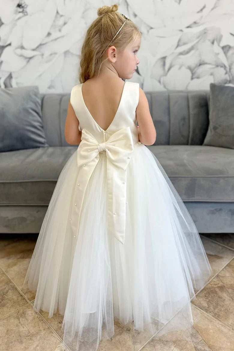 White Tulle Round Neck Bow-Back Flower Girl Dress