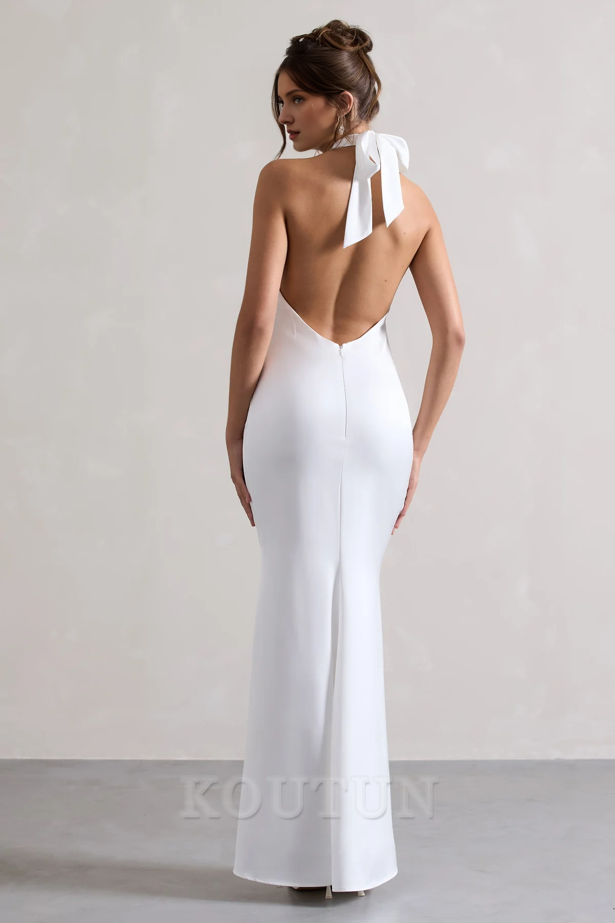 White Satin Cross Over Halter-Neck Maxi Dress Koutun Dress White Satin Cross Over Halter-Neck Maxi Dress Koutun Dress