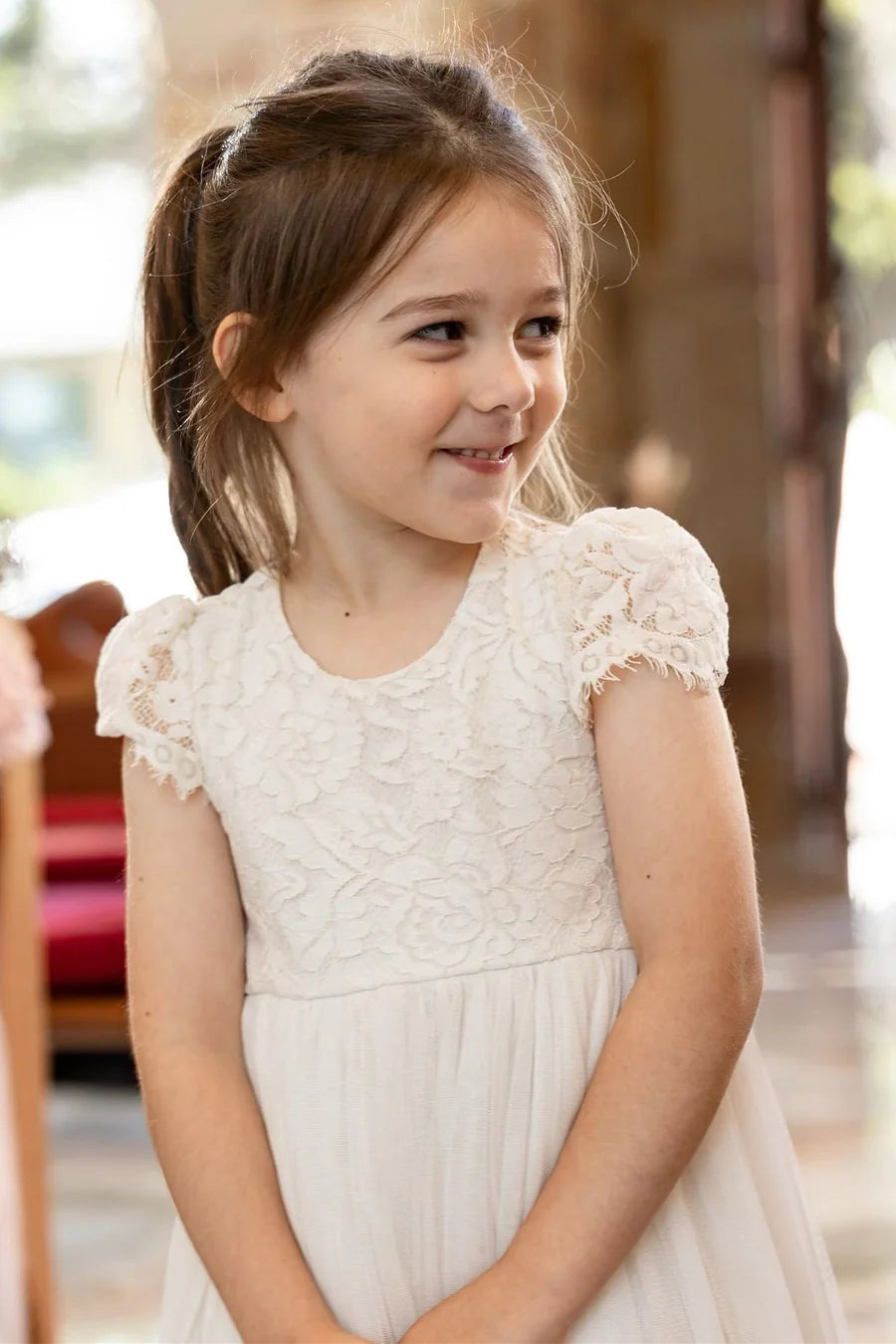 Ivory Tulle Lace Round-Neck A-Line Flower Girl Dress with Puff Sleeves