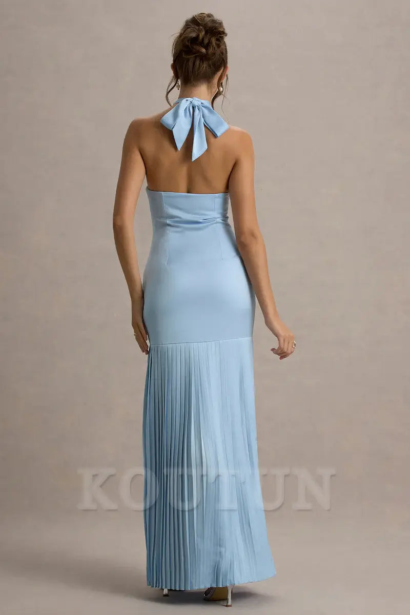 Powder Blue Satin Cross Halter-Neck Plisse Maxi Dress