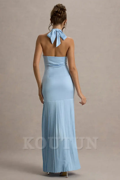 Powder Blue Satin Cross Halter-Neck Plisse Maxi Dress