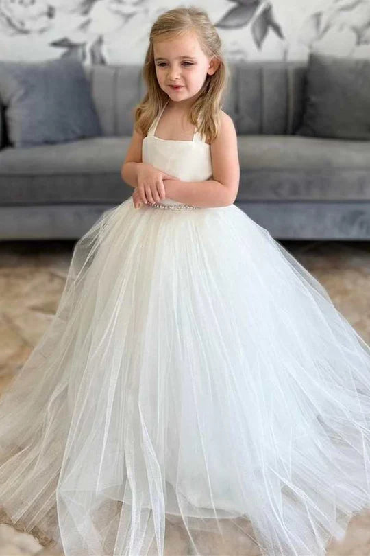 White Tulle Straps A-Line Flower Girl Dress
