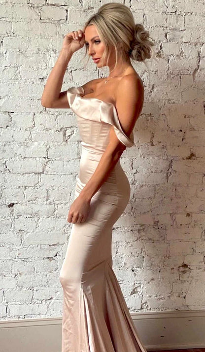 Mermaid Elegant Draped Neck Ball Gown Champagne Corset Gown