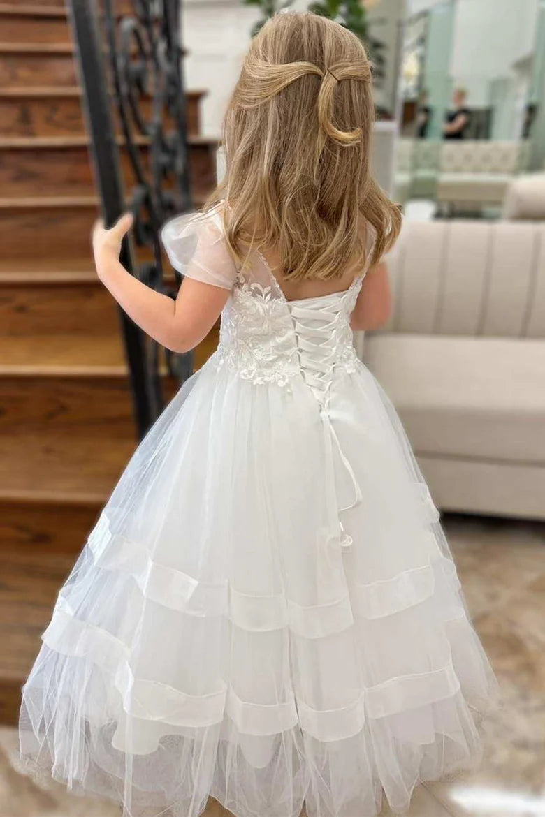White Round Neck Puff Sleeve A-Line Flower Girl Dress