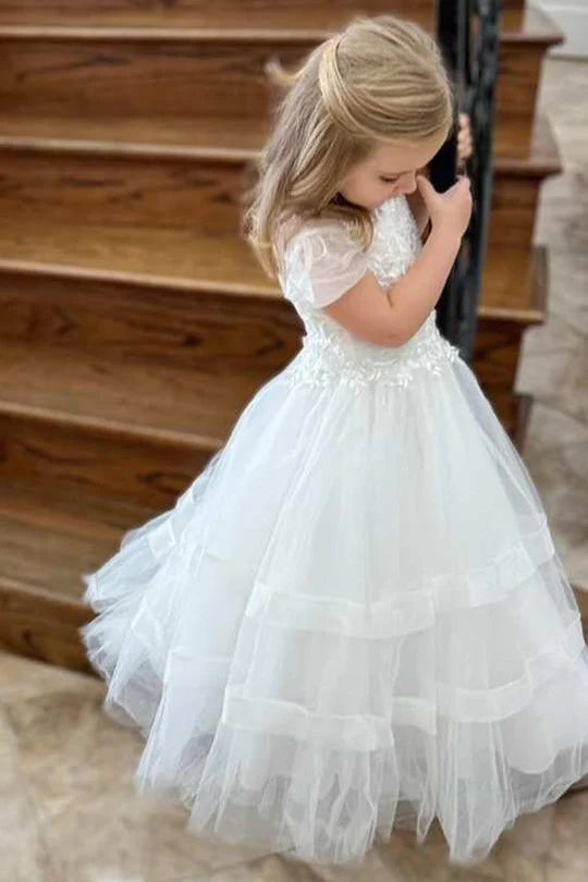 White Round Neck Puff Sleeve A-Line Flower Girl Dress