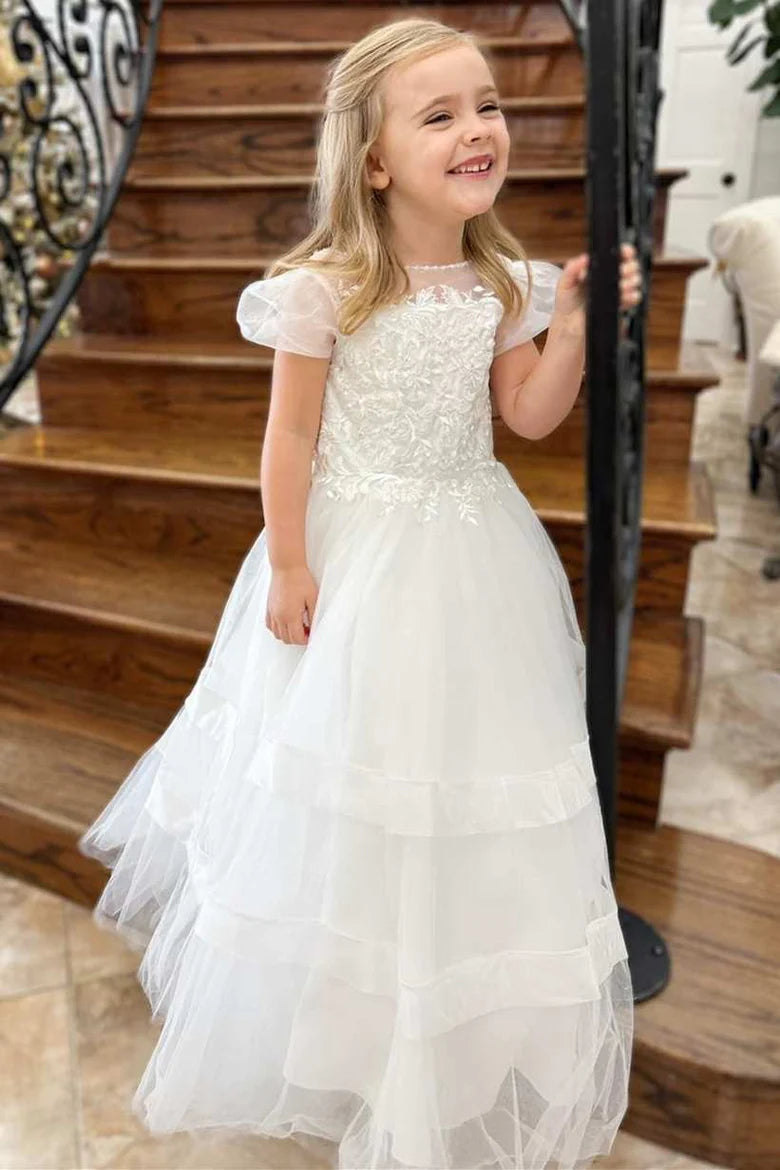 White Round Neck Puff Sleeve A-Line Flower Girl Dress