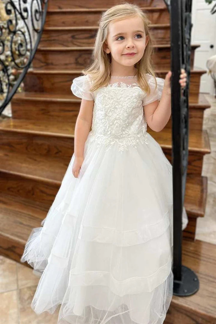 White Round Neck Puff Sleeve A-Line Flower Girl Dress