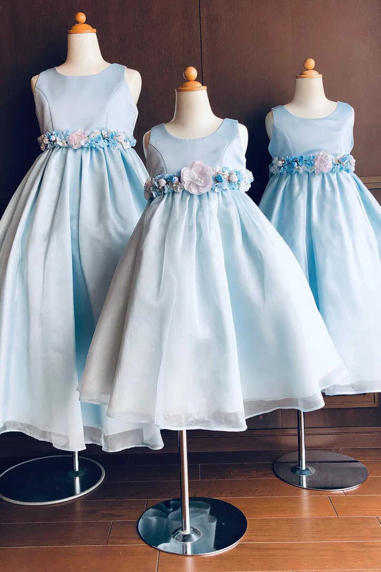 Light Blue Round Neck Belted A-Line Flower Girl Dress