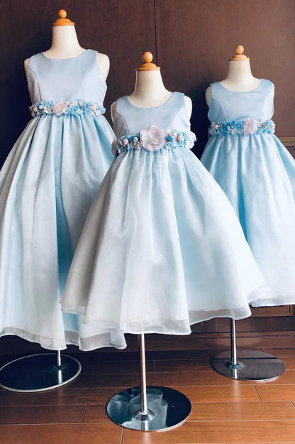 Light Blue Round Neck Belted A-Line Flower Girl Dress