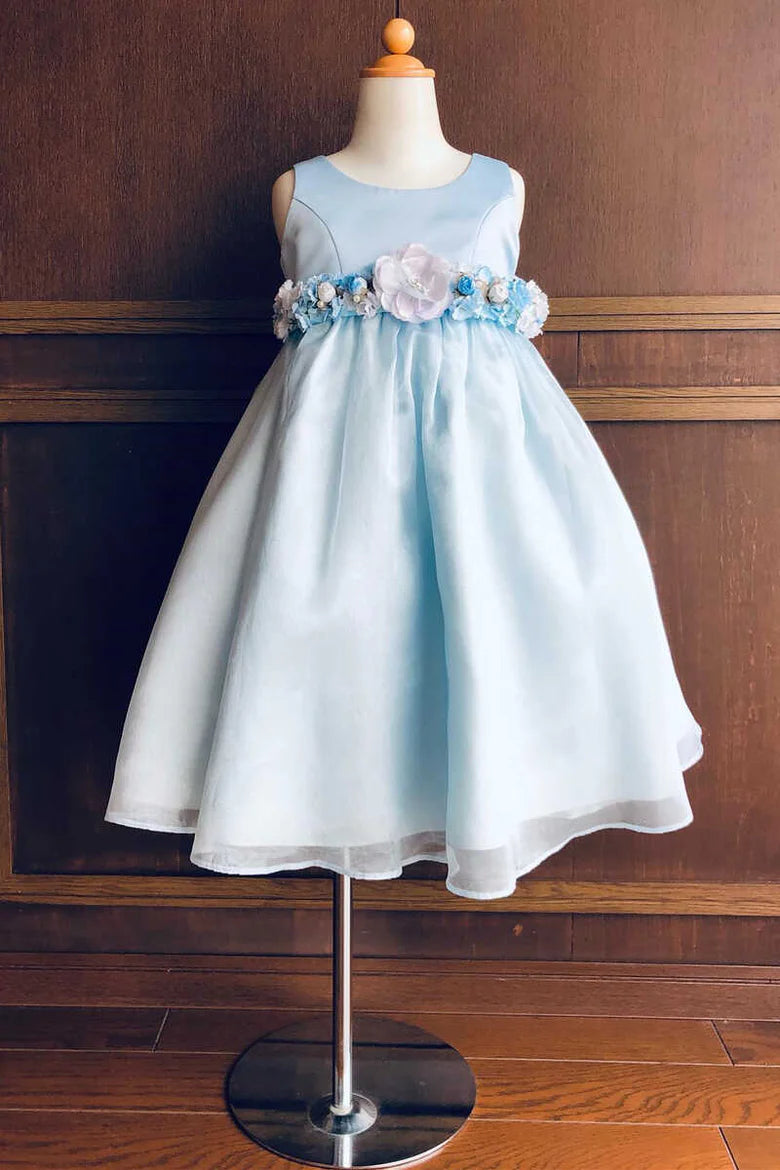 Light Blue Round Neck Belted A-Line Flower Girl Dress