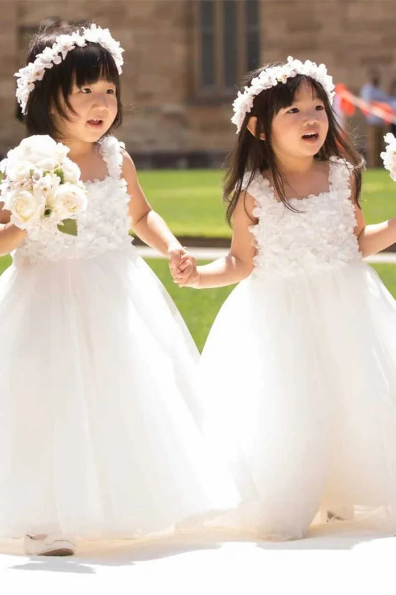 Cute White Square Neck A-Line Flower Girl Dress