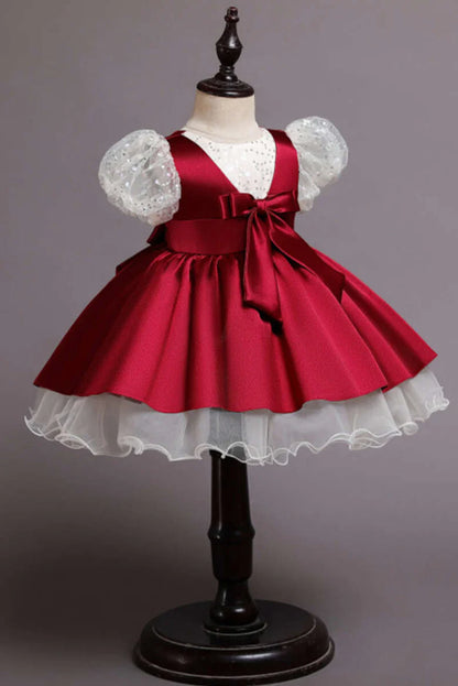 Wine Red Sequin Puff Sleeve Bow Girl Ball Gown