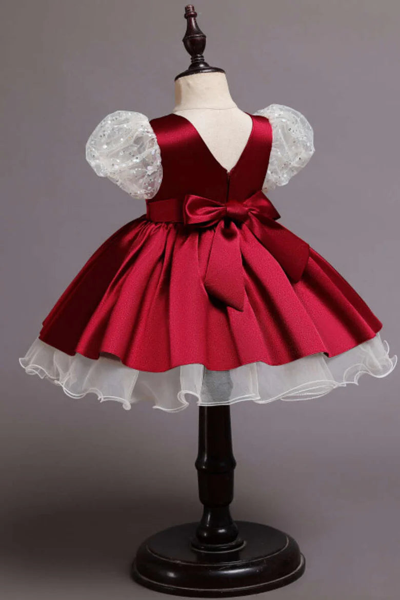 Wine Red Sequin Puff Sleeve Bow Girl Ball Gown