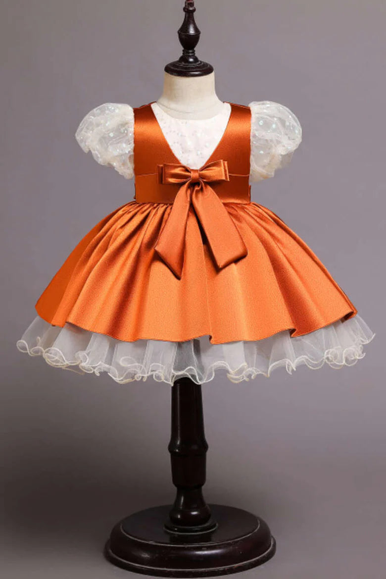 Wine Red Sequin Puff Sleeve Bow Girl Ball Gown