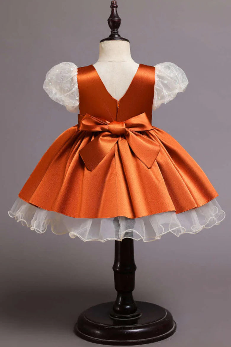 Wine Red Sequin Puff Sleeve Bow Girl Ball Gown