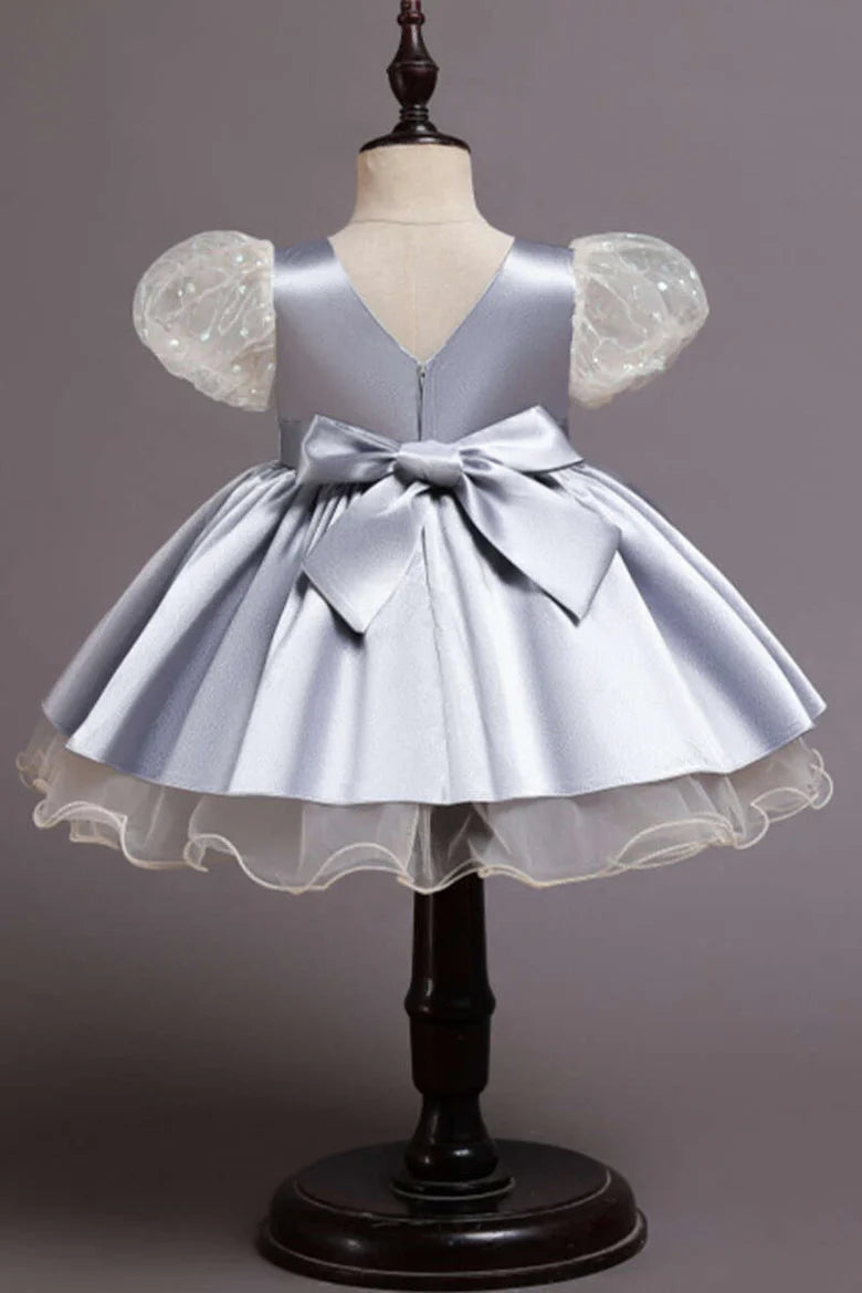 Wine Red Sequin Puff Sleeve Bow Girl Ball Gown